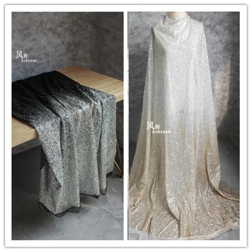 

50cm*140cm/piece Encrypted sequins shimmer black and gold on dotted bead fabric