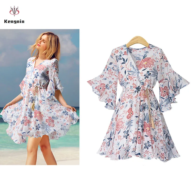 

European Style New Women Dresses 2019 Summer Plus Size V-Neck Ladies Robe Chiffon Print Vestidos Petal Sleeve Ruffles Dress