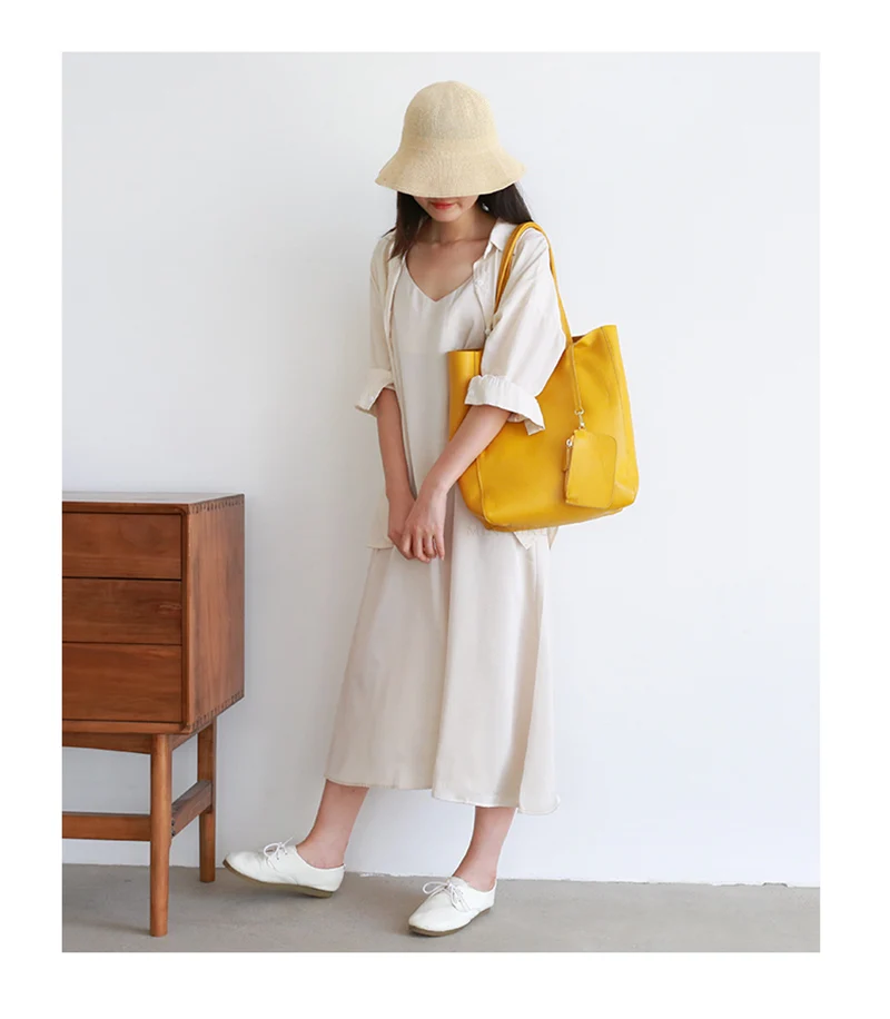 Women Luxury Bag Casual Tote Female Lemon Yellow Fashion Shoulder Handbag Lady Cowhide Genuine Leather Shoulder Shopping Bag