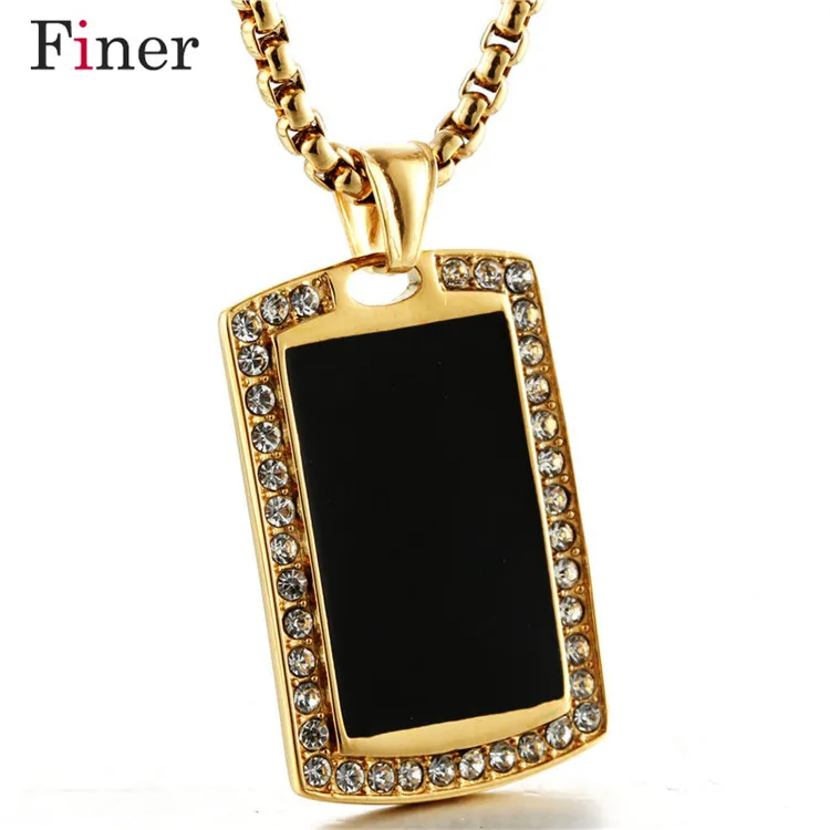 

Men Stainless Steel Military Army Cards Black Crystal Pendant Punk Rock Gold/White Jewelry For Boyfriends Party Gifts