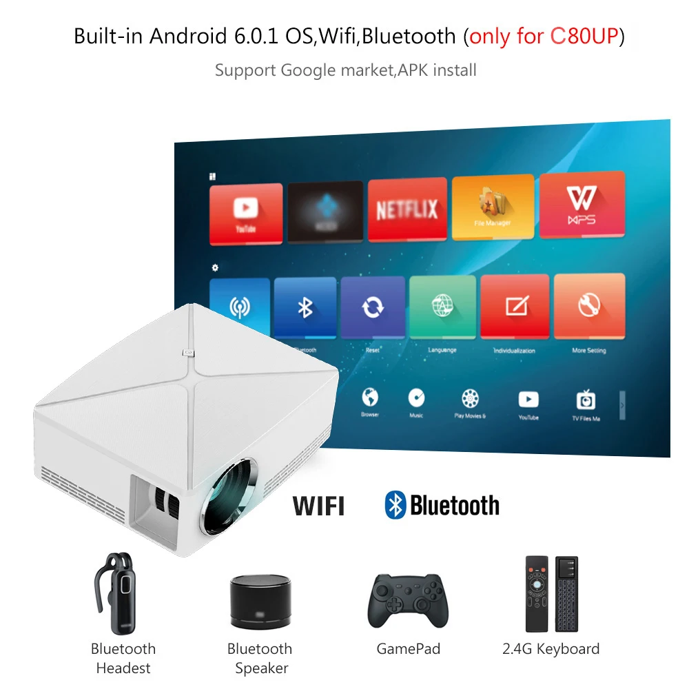 HD мини проектор C80/C80UP 1280x720 Разрешение для Android WI FI LED Портативный мультимедийный