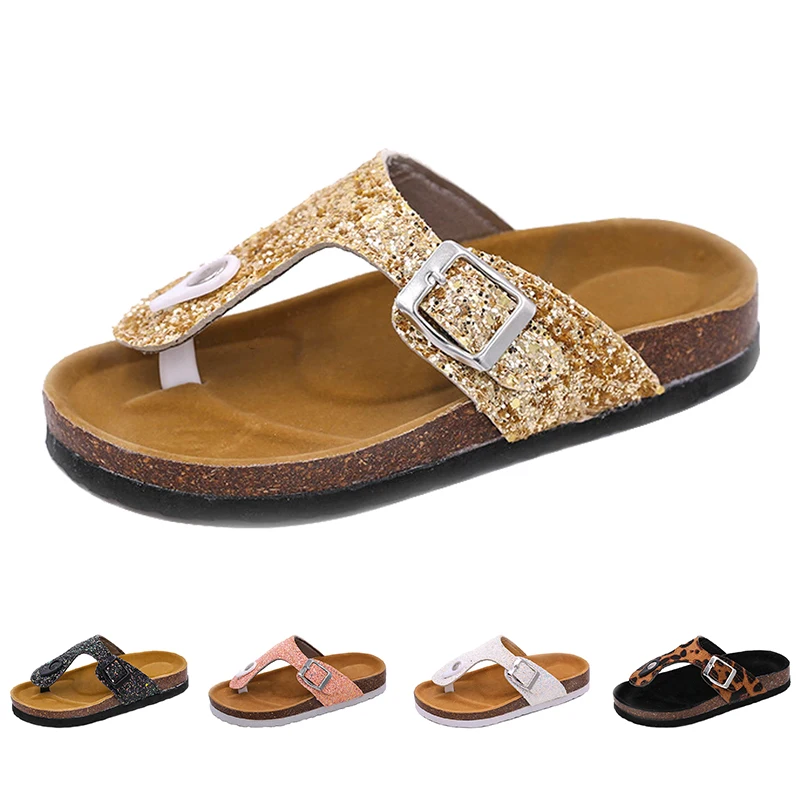 Summer Kids Slippers Fashion Comfortable Leopard Print Girls Flip Flops Bling Sequins Cork Slippers For Children Barefoot Shoes