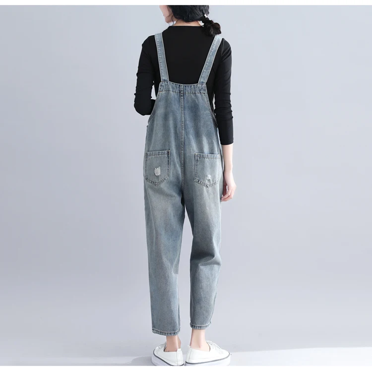 Qiukichonson для женщин; большие размеры джинсы для 2019 Весна Винтаж рваные, с карманами Свободные Комбинезоны девочек дамы Высокая талия повседн