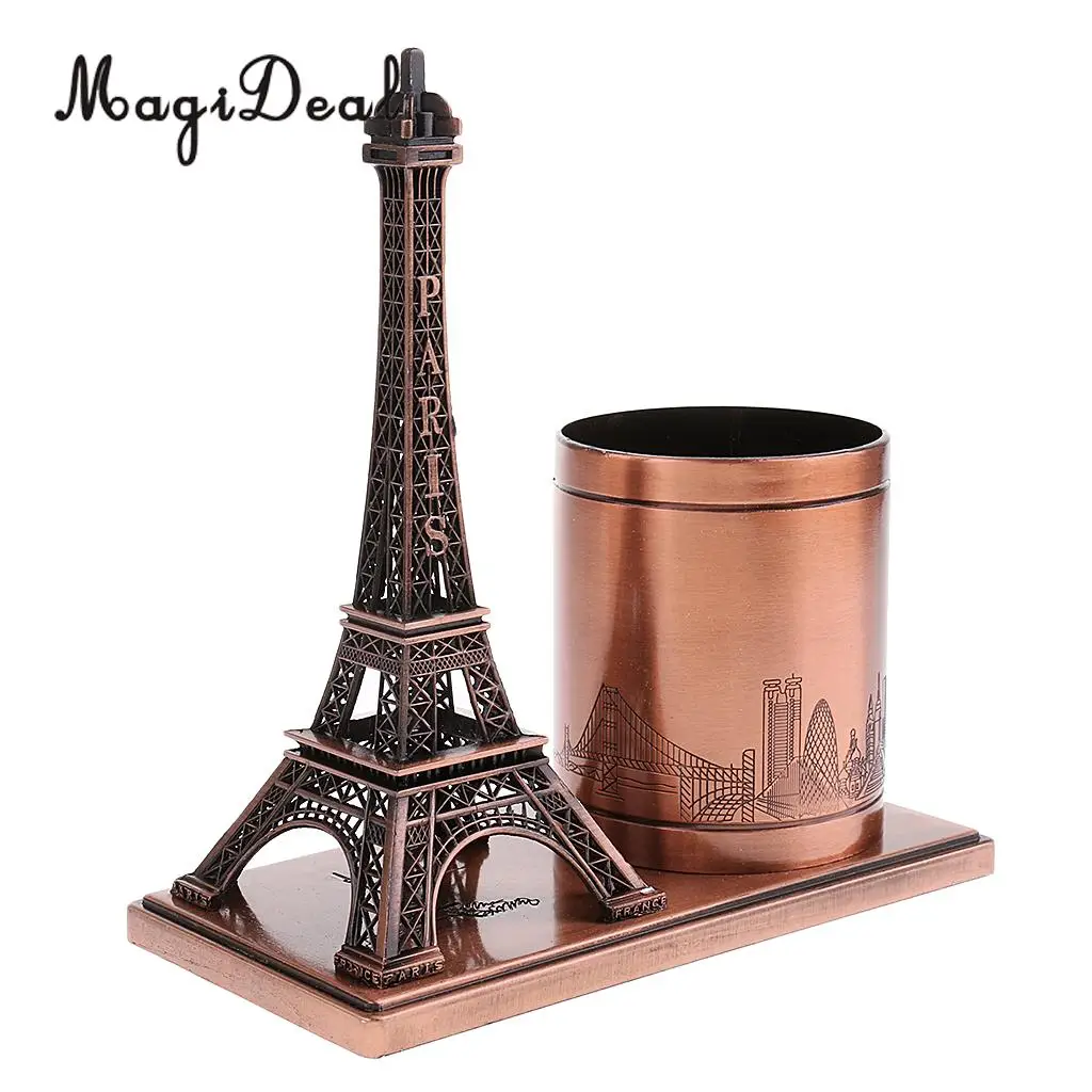 Desktop Organizer Pencil Pen Case Holder Retro Figurines Eiffel Tower Model Metal Crafts Home Decor Miniature Student Gift