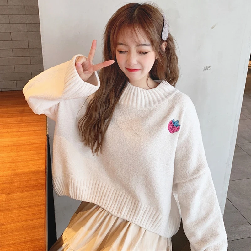 

Autumn Sweater 2019 New College Wind Small Fresh Sweet Candy Color Sweater Loose Harajuku Strawberry Embroidery Sweater #358