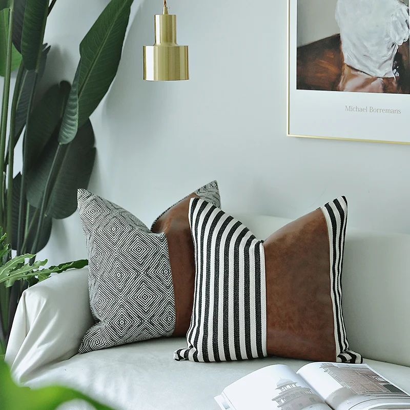

DUNXDECO Cushion Cover Decorative Pillow Case Modern Art Geometric Leather Patchwork High Quality Coussin Room Sofa Decorating