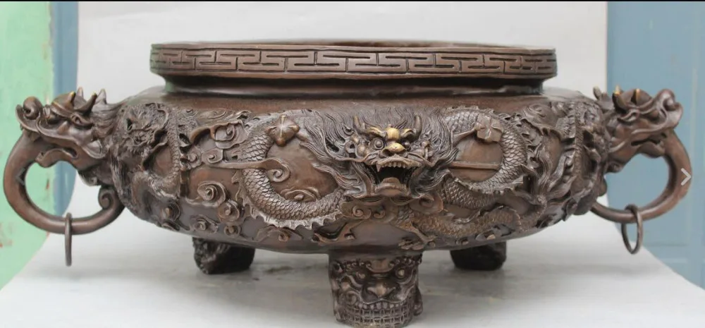 

27" Chinese Bronze Double Dragon Lion Ding The pot Bowl Incense Burner Censer 06.08