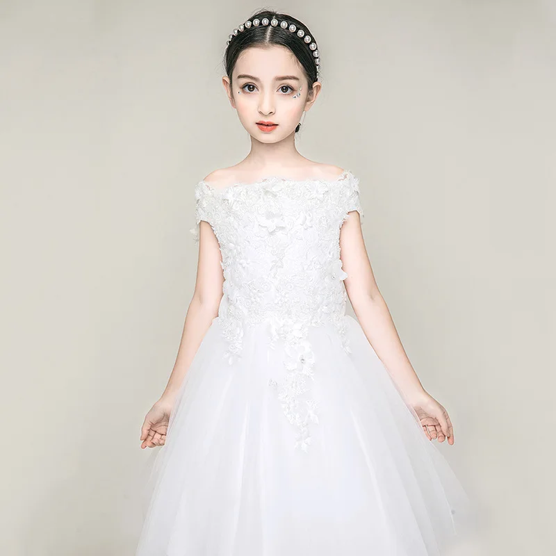 

Kids Girl Off-shoulder Party Pageant Formal Strapless White Lace Tulle Kids Girls Elegant Wedding Flower Girl Dress