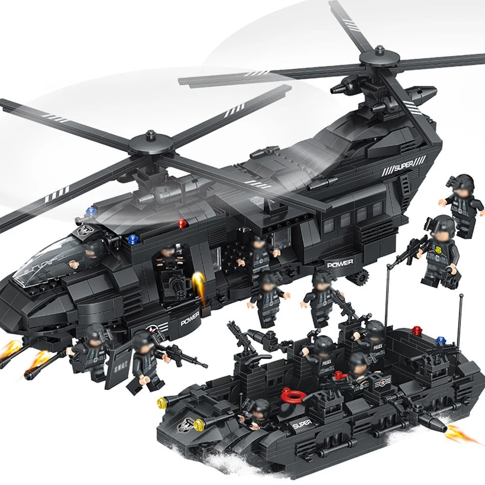 1351pcs Large Legoings Model Building Blocks Kits SWAT Team Transport Helicopter SWAT City Police Toys for Children Kids Gift