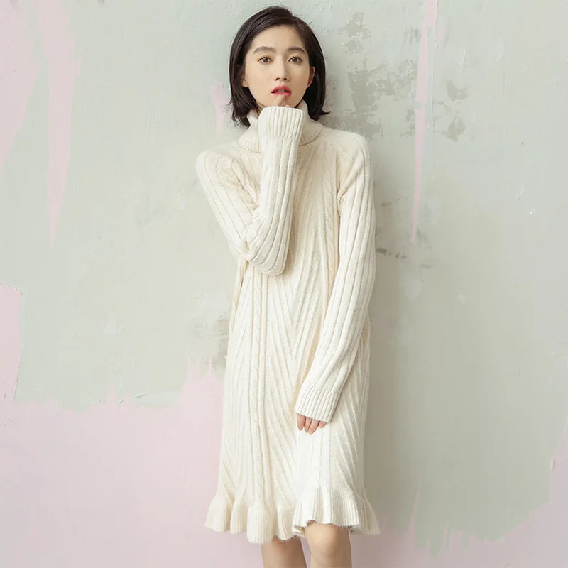 

Autumn Cotton Women Knitting Long High-neck Pullovers Sweater Pullovers Ruffles Dress Jumper Loose Maxi Dress Women Clothing