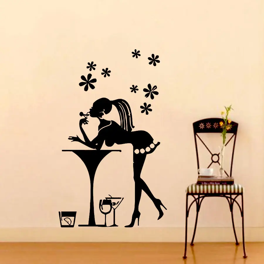 Girl on Bar Wall Decals Cafe Decal Vinyl Sticker Kitchen Home Decorin