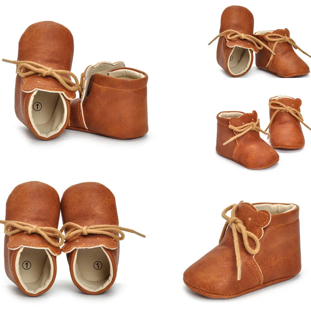Повседневная Осенняя обувь для новорожденных мальчиков и девочек 0-18 месяцев; однотонная повседневная кожаная обувь на шнуровке коричневого цвета