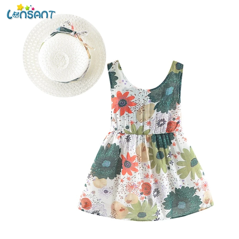 

LONSANT Newborn Girls Dresses 2018 New Fashion Princess Clohting Flower owknot Princess Dress+Hat Casual Clothes Set