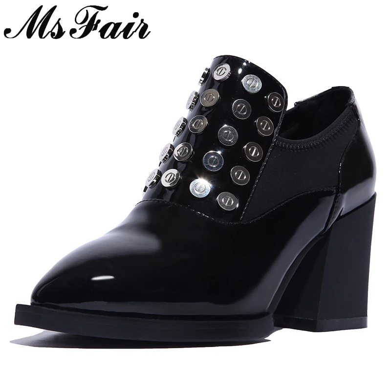 MSFAIR Pointed Toe Square heel Mary Janes Women Pumps Metal Decoration High Heels Zapatos Mujer Women Shoes Pumps Shoes Woman Women's Shoes