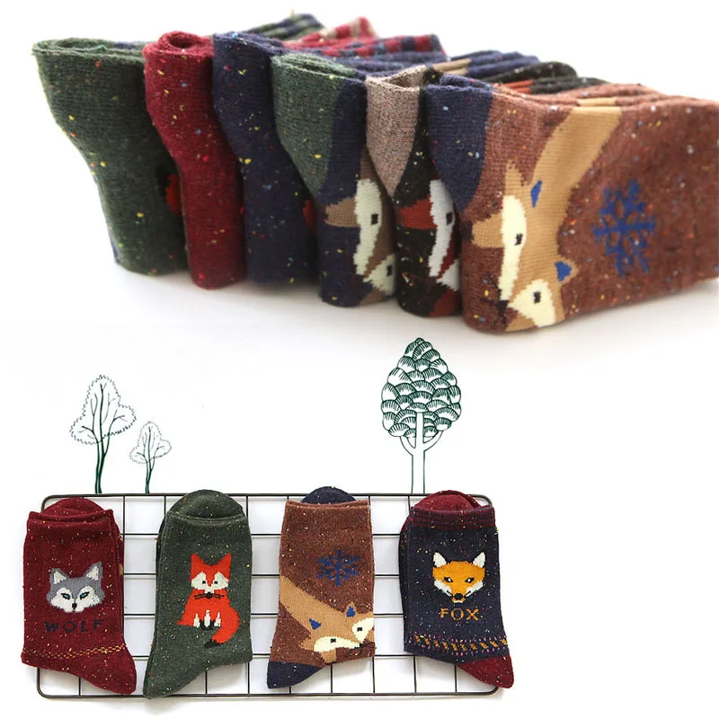 Fashion Women Animal Cartoon Wool Blend Socks Fox Wolf Warm Lovely Casual Sock