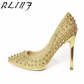 

RLINF Glitter Spikes Rivets Studded Silver Gold High Heels shoes woman 2018 large size 33-42 stiletto shoes