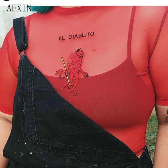 Ins Hot Red Mesh Tops Women Summer Sexy Embroidery El Diablito Design See Through Tee Shirts Short Crop Top Club Street Wear
