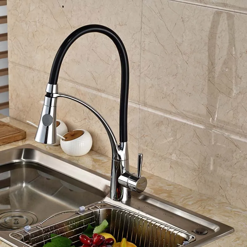 Single Handle Kitchen Sink Faucet Deck Mount Brass Black Hose Mixer Taps Polished Chrome