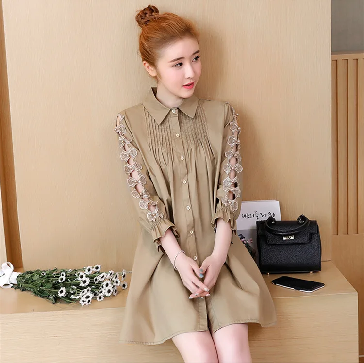 

XL-5XL Plus Size Women A-Line Shirt Dresses 2018 Spring Loose 3/4 Sleeve Beaded Lace Patchwork Dresses For Women D81002J