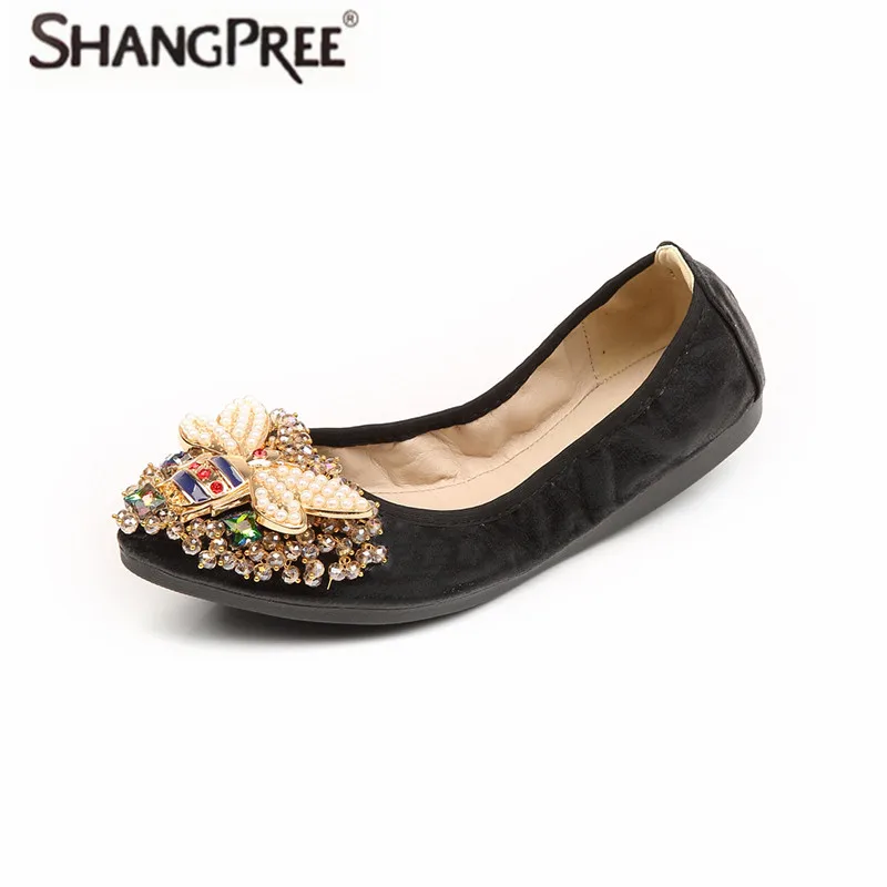 

SHANGPREE New Women flats shoes chaussures femme Elegant Comfortable shoes Rhinestone Women Soft Bees Shoes woman zapatos mujer