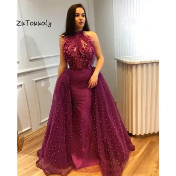 

Luxury Arabic Evening Dresses Dubai Abaya Overskirt Prom Dress With Pearls Purple Chic Backless Long Formal Party Gowns 2019 New