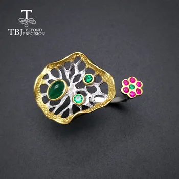 

TBJ,new designt natural emerald rings Lotus leaf design 925 silver polychromatic elements fashion jewelry for woman Wedding gift