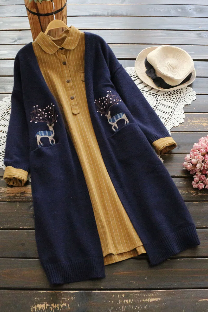 Vintage Women Sweater New Embroidery Cardigan Autumn Winter New V-neck Long Sweater Women Knit Coat YoYiKamomo
