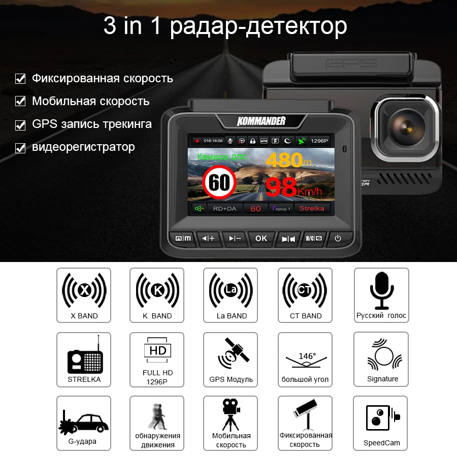 Автомобильный радар детектор Kommander антирадар 3 в 1 GPS Full HD 1080P 1296P видеорегистраторы