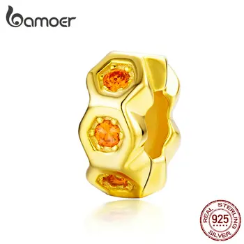 

BAMOER 925 Sterling Silver Gold Color Bee Charms with Silicone Hexgon Stoppers for Silver Snake Bracelet Brand Jewelry SCC1170