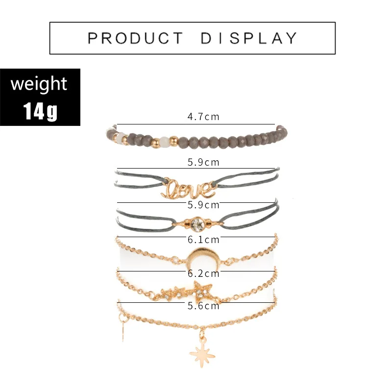 Crystal Bracelets Tocona Boho Love Moon Bracelets for Women Charms Bead Gold Color Star Clear Crystal Stone Letter Rope Jewelry Accessories 6523