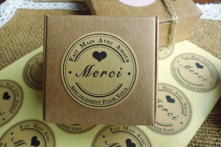 120 шт 10 листов Французский Merci Love Heart ручная упаковка для торта уплотнительные этикетки из крафтовой бумаги наклейки для выпечки DIY подарок круглые наклейки s M1211