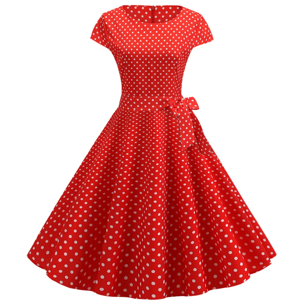 Joineles, узор в горошек, летнее платье в стиле ретро 60s Одри стиль Hepburn Rockabilly качели Винтаж платье с круглым вырезом и Рубашка с короткими рукавами Vestidos Femme - Цвет: Red