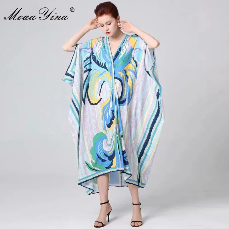 MoaaYina Spring Runway Bohemia Dresses Women V-neck Batwing Sleeve Color Stripe Print Casual Loose Robe Maxi Dresses