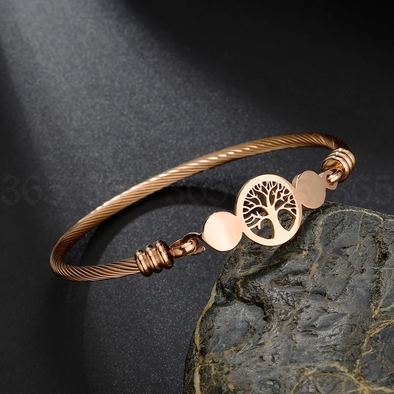 Fashion Stainless Steel Hollow Tree of Life Bracelets Women Men Gold Color Lucky Round Bangle Jewelry Gift