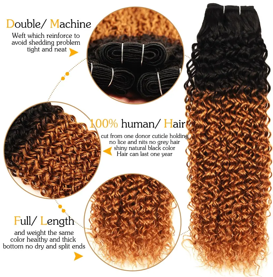 Pinshair Indian Kinky Curly Hair Ombre 1B 30 3 Bundles With Closure Blonde Indian Jerry Human Hair With Closure Non Remy No Shed (111)