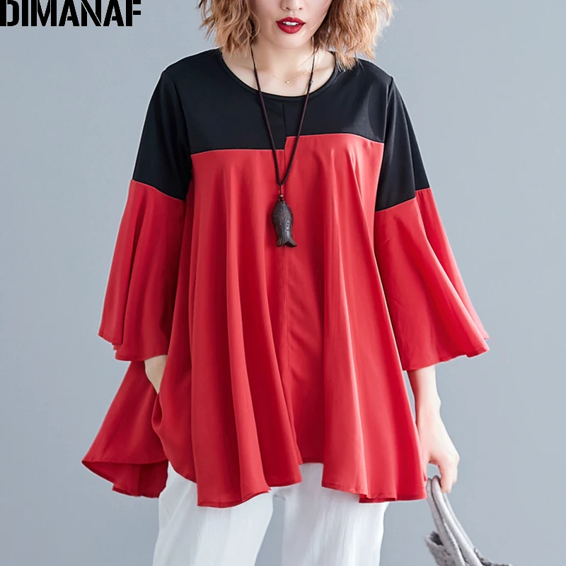 

DIMANAF Plus Size Women Blouse Shirts Summer Lady Tops Big Size Flare Sleeve Female Clothing Loose Casual Spliced Tunic Shirts