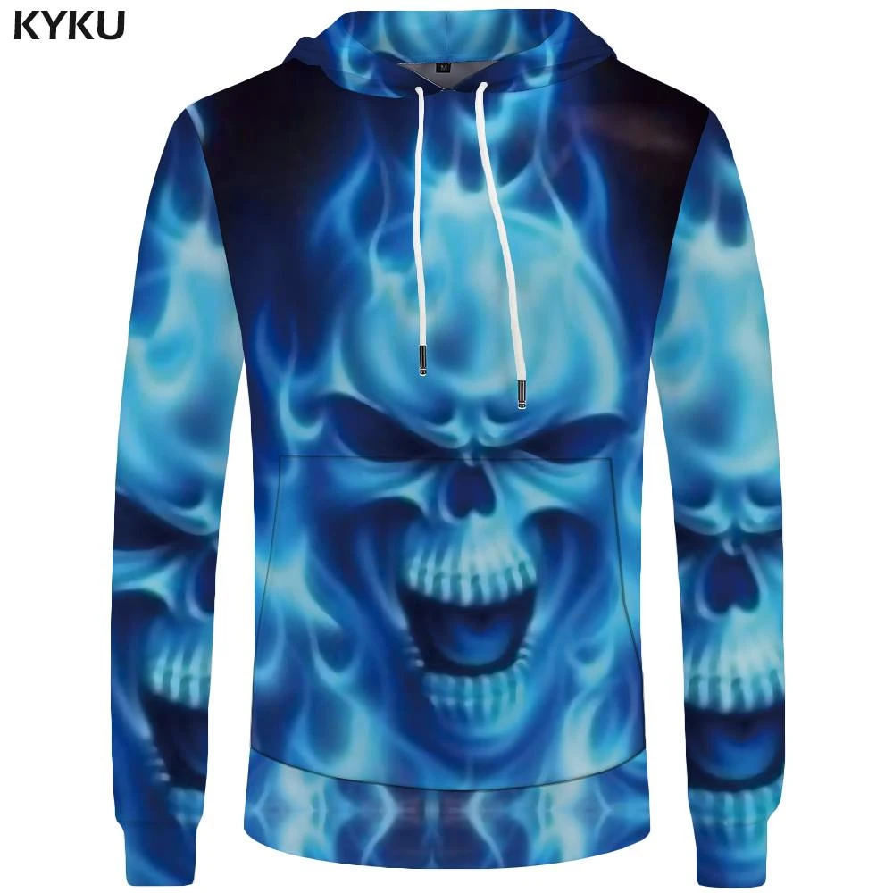 KYKU Brand Skull Hoodies Men Flame Mens Clothing Blue Pocket Punk Big