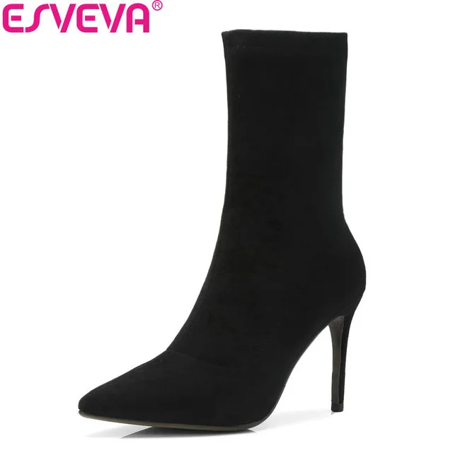 

ESVEVA 2019 Women Boots Sexy Thin Heel Mid-calf Boots High Heels Slip on Autumn Shoes Pointed Toe Elegant Boots Woman Size 34-39