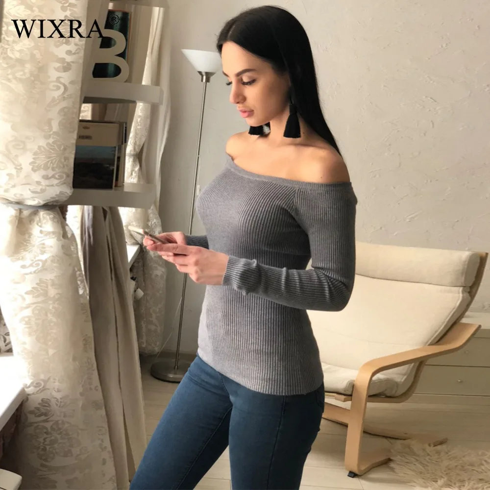 Wixra الدافئة و سحر معطلة الكتف محبوك سترة النساء الخريف أنيقة البلوز سحب Femel الشتاء عالية تمتد تريكو الأعلى