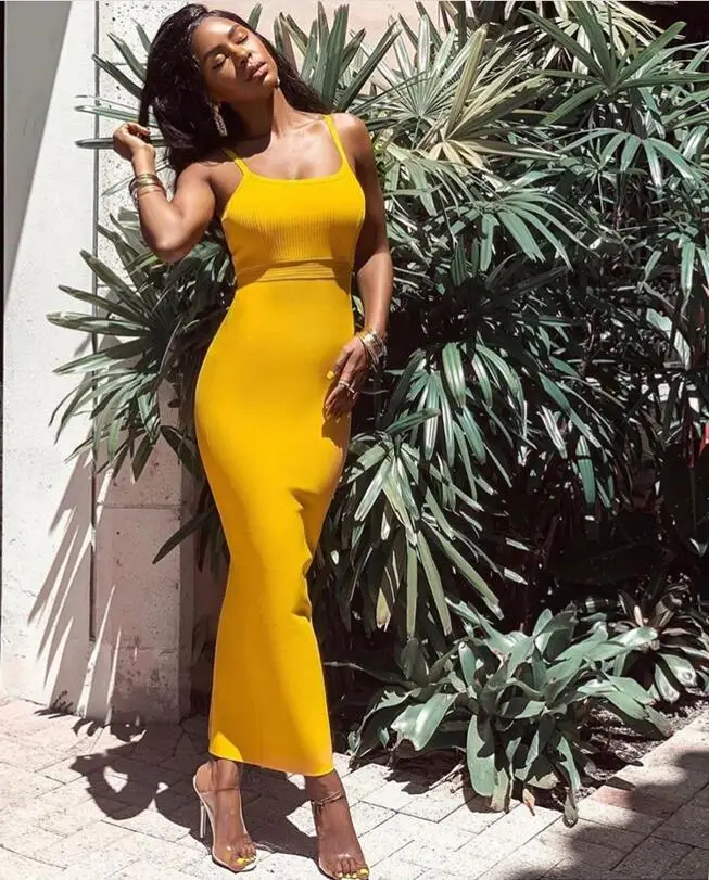 

Free Shipping Wholesale Women Summer Sexy Sleeveless Yellow Long Bandage Dress 2019 Designer Fashion Party Dress Vestido