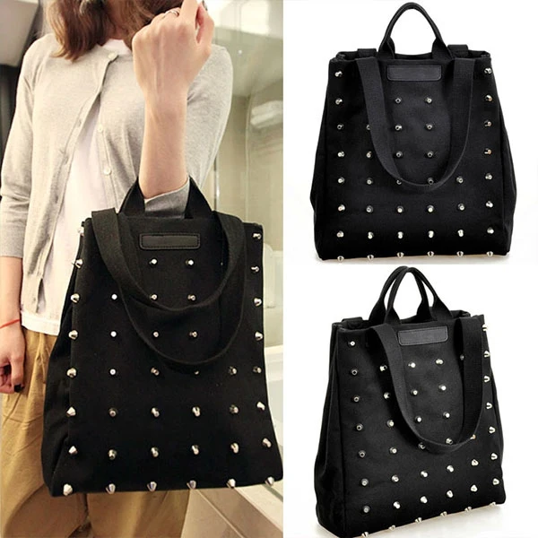 Sportsgirl Fashion Canvas Women Handle Bags Unique Punk Rivet Lady Tote