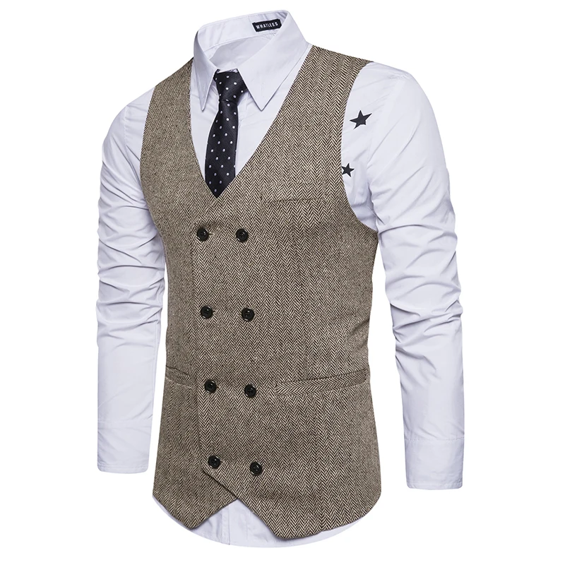 Brown Wool Tweed Vests Slim Mens Suit Vests Custom Made Sleeveless Suit