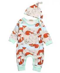 Новорожденных Для маленьких мальчиков девушка одежда с длинными рукавами с принтом лисы комбинезон шапки женский пляжный костюм