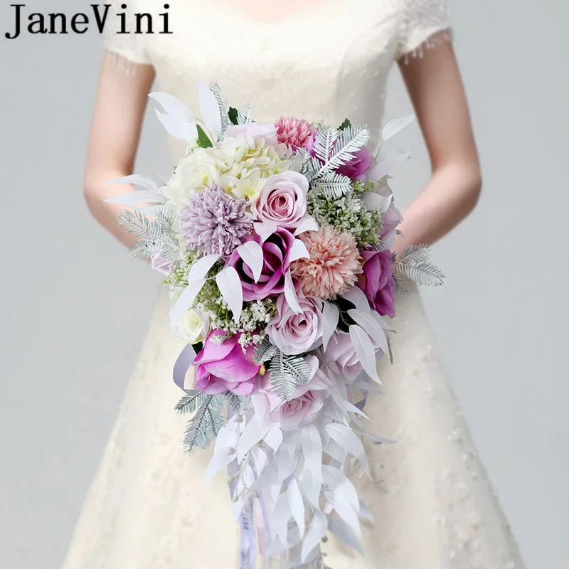 JaneVini 2019 Waterfall Macaron Wedding Bouquet Flowers Pink Purple Rose Artificial Water Drop Pearl Bridal Bouquet De Mariee