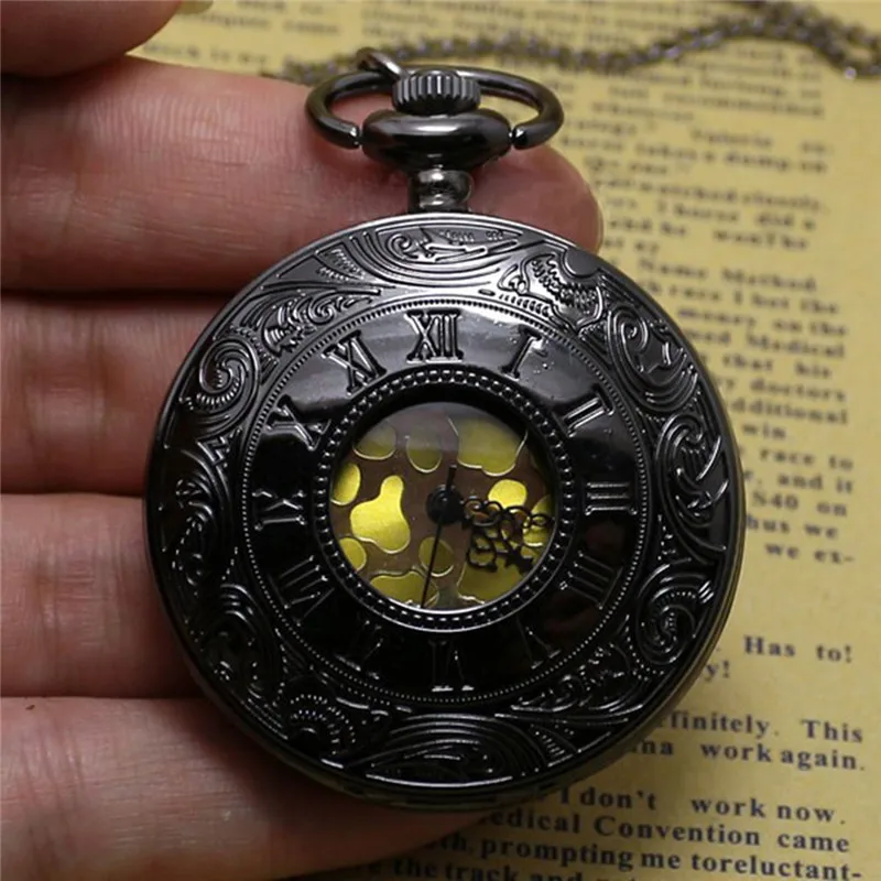 Fashion Pocket Watch Black Quartz Watch Clock Steampunk Fob Watches for Women Necklace Pendant with Chain 2