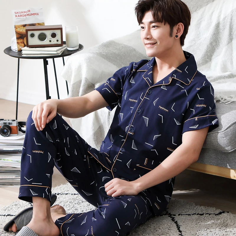 Men Pajama Set Spring Summer 100 Cotton Prints Short sleeve Male
