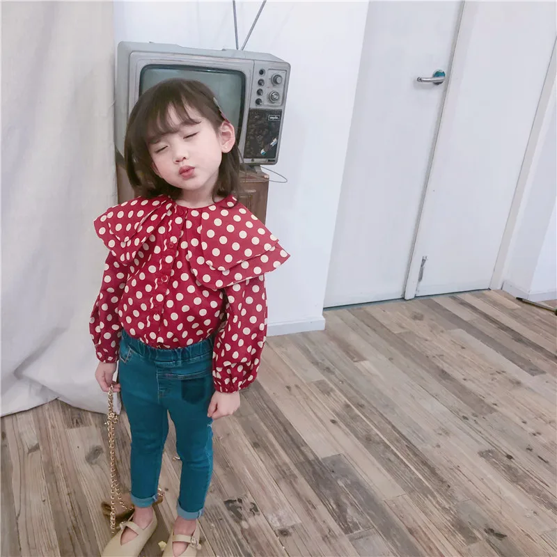 

2019 Spring New Arrival korean style cotton dot pattern all-match fashion long sleeve shirt with big collar for sweet baby girl