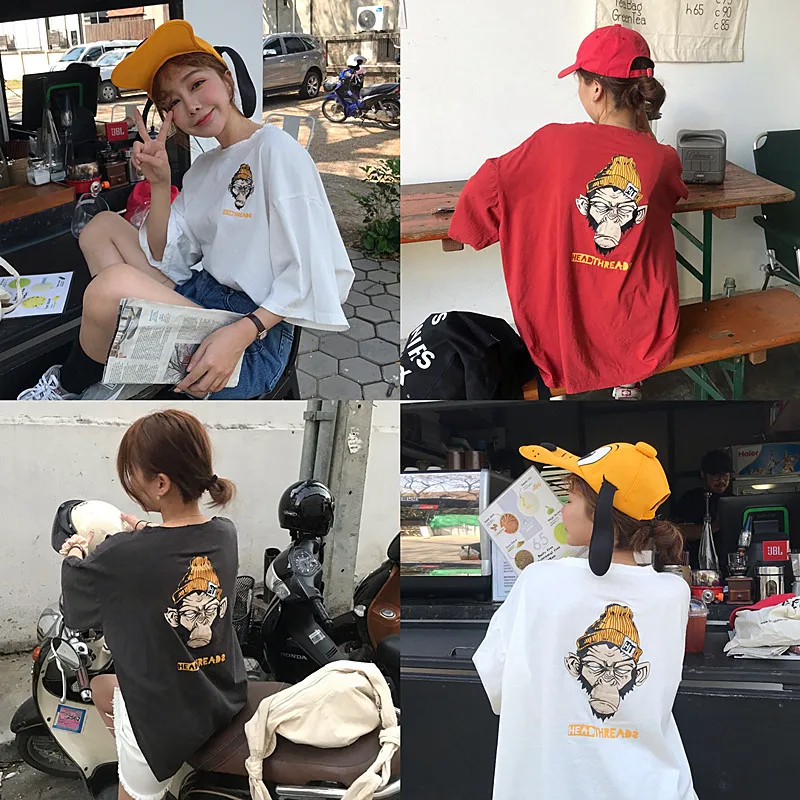 3 цвета Лето 2019 г. корейский стиль мультфильм печати короткий рукав Забавные футболки женская футболка femme (KL6500)