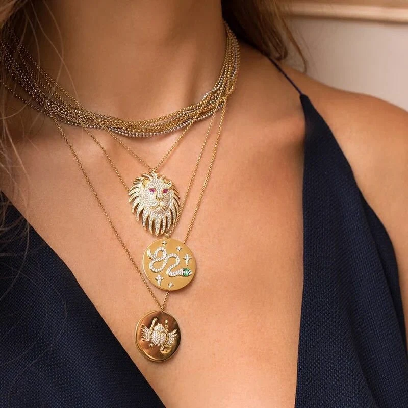 

New Zircon 925 Sterling Silver Snake Star Round Collar Necklace Multi-Circle Lion Head 3D Scarab Women Wedding Animal Necklace