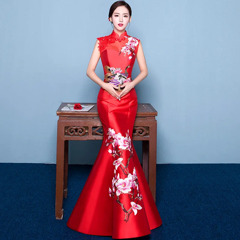 Хвост русалки Азиатский стиль короткий рукав Модное красное вышитое свадебное Ципао длинное китайское традиционное платье ретро